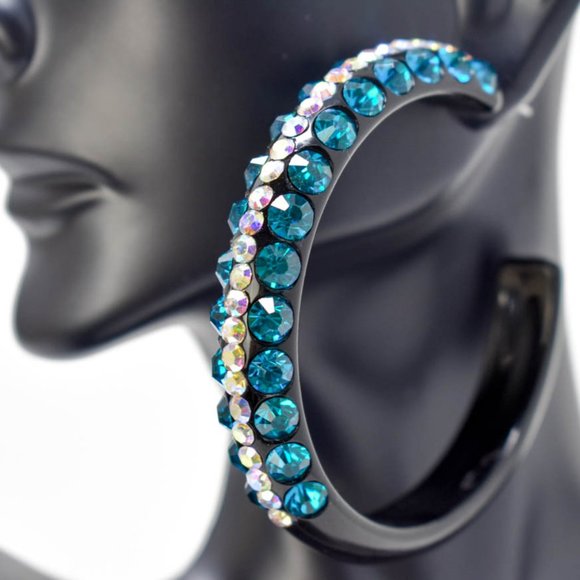 2.5" Teal/AB Rhinestones Black Lucite Hoop Earring - Picture 3 of 7
